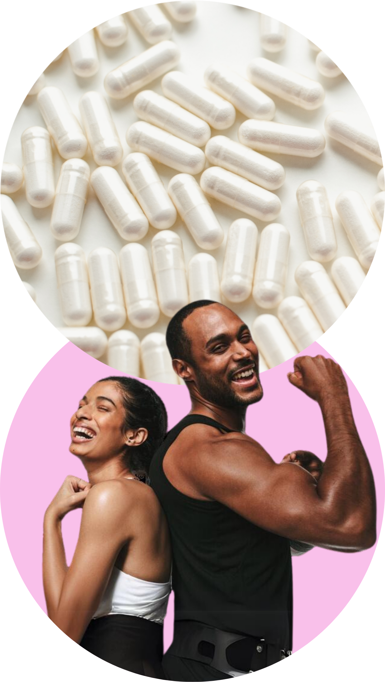 Man and woman back to back flexing muscles overlapping a circle of capsules