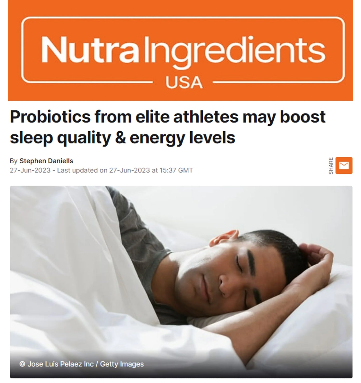 Screenshot of news article of Nutra Ingredients  - a man sleeping